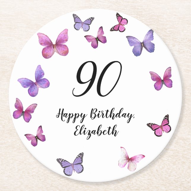 Elegant 90th Birthday Butterflies Custom Name Underlägg Papper Rund (Framsidan)
