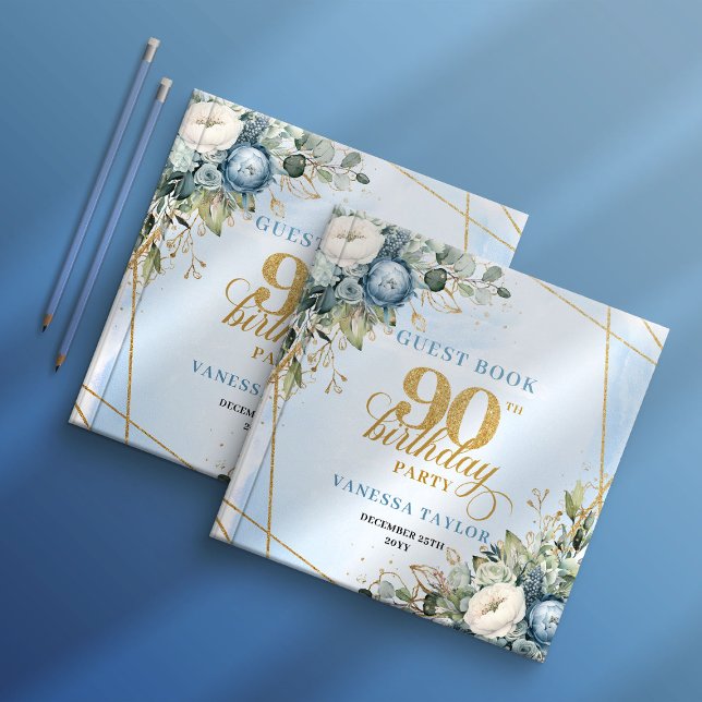 Elegant 90th Birthday Dusty Blue Floral Frame Book Gästböcker (Timeless Dusty Blue Gold 90th Birthday Guest Book)