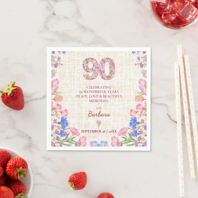 Elegant 90th Birthday for Her - Pink Flowers Pappersservett (Insitu)