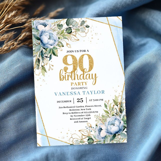 Elegant 90th Birthday Invitation Blue Floral Gold  Inbjudningar (Elegant 90th Birthday Invitation Blue Floral Gold Frame

)