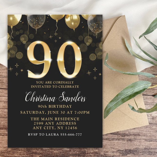 Elegant 90th Birthday Invitation with Gold Glitter Inbjudningar (Skapare uppladdad)