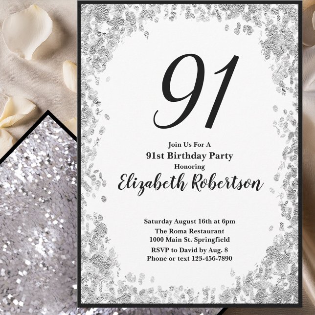 Elegant 91st Birthday Invitation For Her in Silver Inbjudningar (Skapare uppladdad)