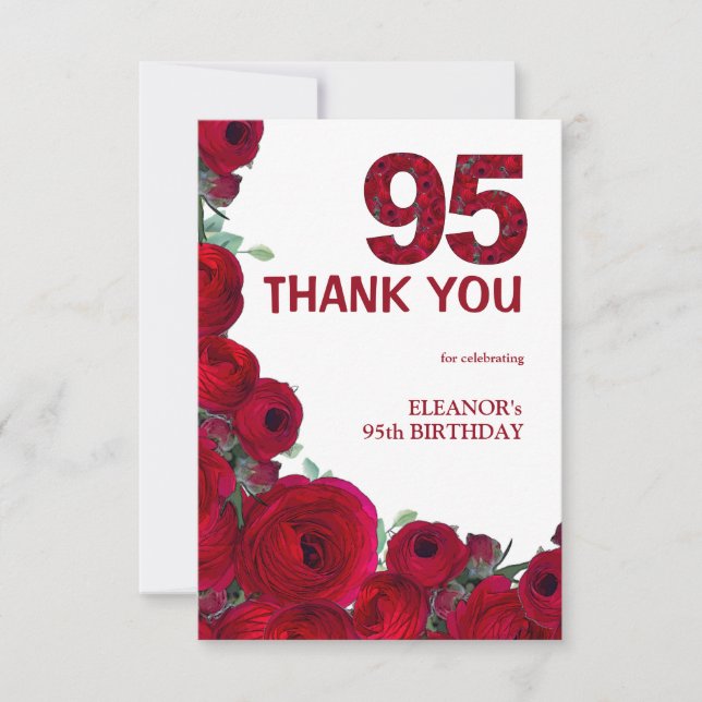 Elegant 95-årsdag Röd Blommig Nummer 95 År Tack Kort (Framsida)