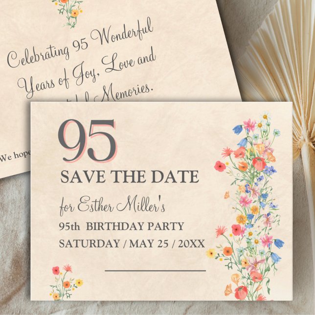 Elegant 95-årsfirande med vildblomma Save the Date (Skapare uppladdad)