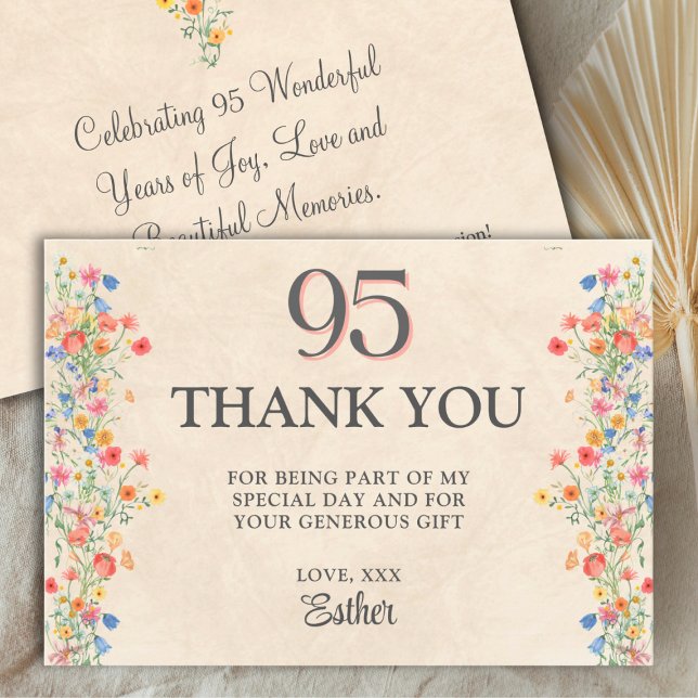 Elegant 95th Birthday Thanks - Floral Wildflower Tack Kort (Skapare uppladdad)
