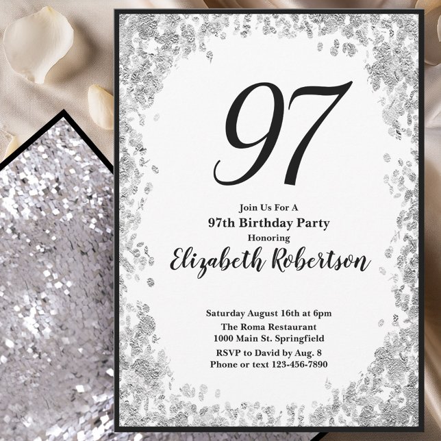 Elegant 97th Birthday Invitation Silver and Black Inbjudningar (Skapare uppladdad)