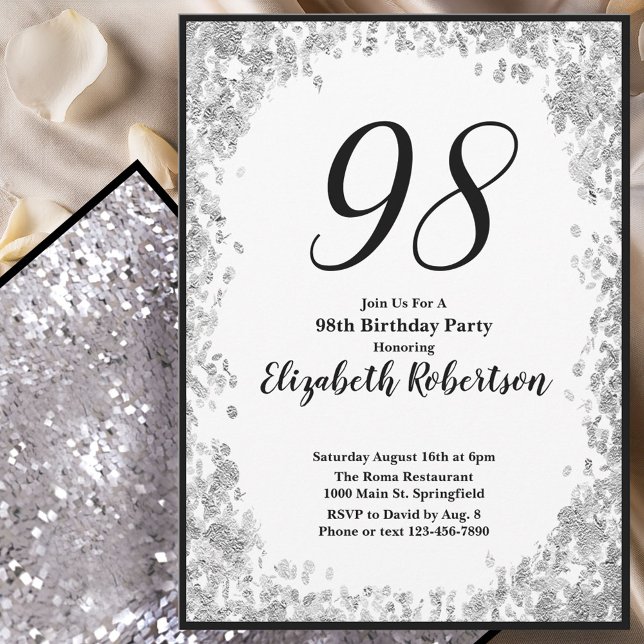 Elegant 98-års födelsedagsinbjudan Silver och Svar Inbjudningar (Skapare uppladdad)