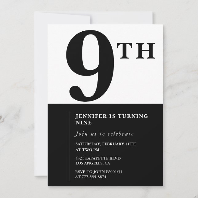 Elegant 9-års födelsedagsinbjudan Svart Chic Tjej Inbjudningar (Framsida)
