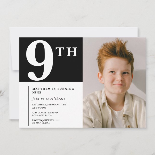 Elegant 9-års inbjudan Svart pojke Foto (Framsida)