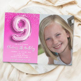 Elegant 9th Birthday girl with photo Numer Ballon Inbjudningar