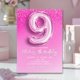 Elegant 9th Birthday Girl with Pink Number Balloon Inbjudningar