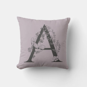 Elegant A Boho Blommigt Monogram Initial Lilac Grå Kudde