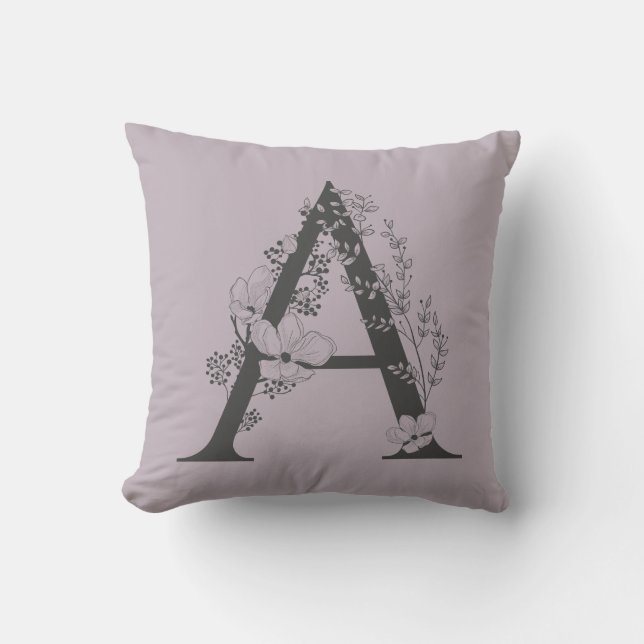 Elegant A Boho Blommigt Monogram Initial Lilac Grå Kudde (Framsida)