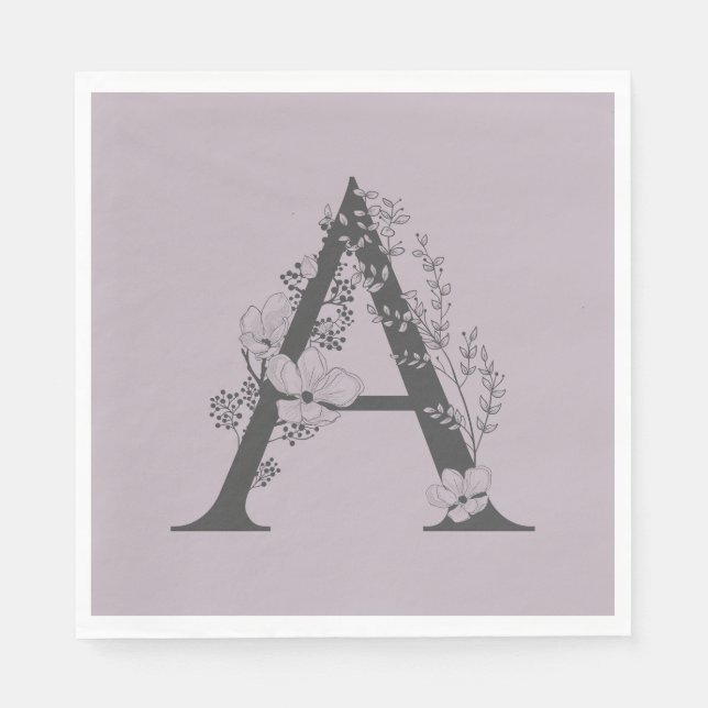 Elegant A Boho Blommigt Monogram Initial Lilac Grå Pappersservett (Framsidan)