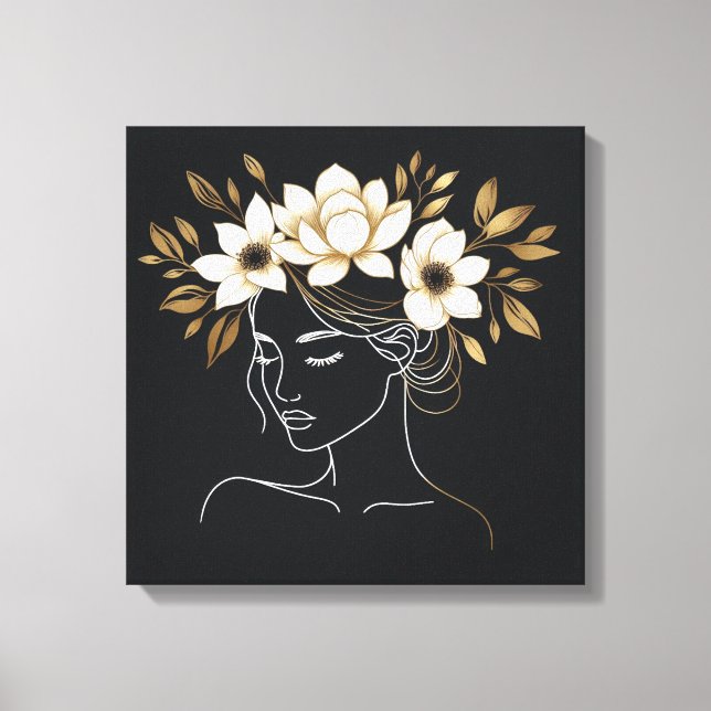 Elegant Abstract Female Line Art with Gold Floral  Canvastryck (Framsida)