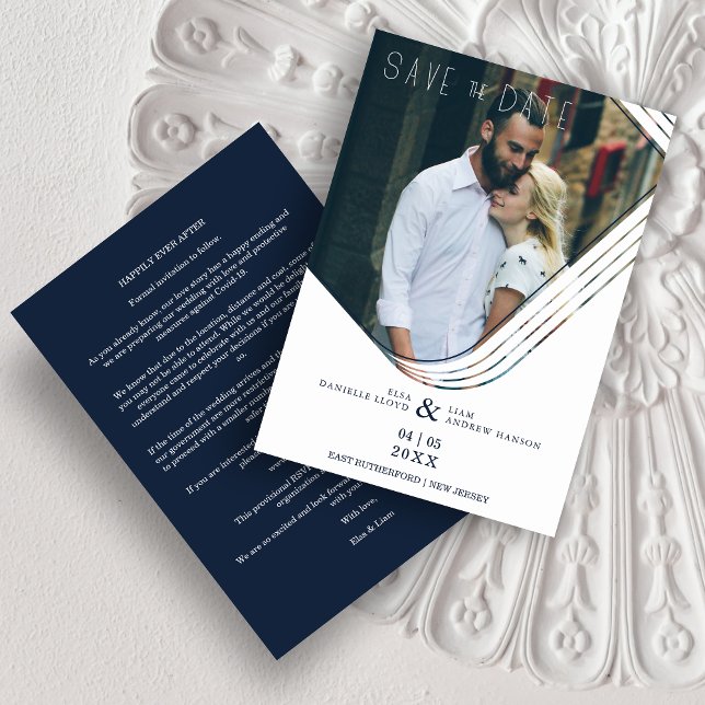 Elegant Abstract Navy Photo Sophisticated Wedding Spara Datumet (Elegant Abstract Navy Blue Photo Sophisticated Downloadable Wedding Save the Date Card. )