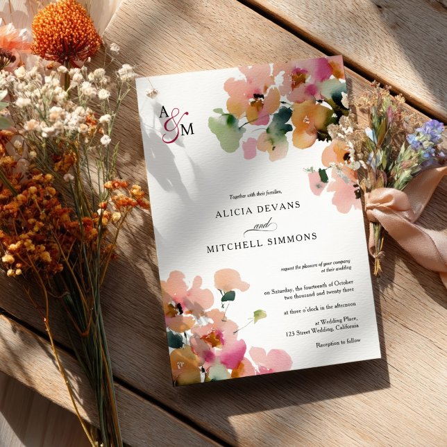 Elegant Abstrakt - Blommigt för höst i Bröllop Inbjudningar (Elegant Abstract Autumn Floral Monogram Wedding Invitation)