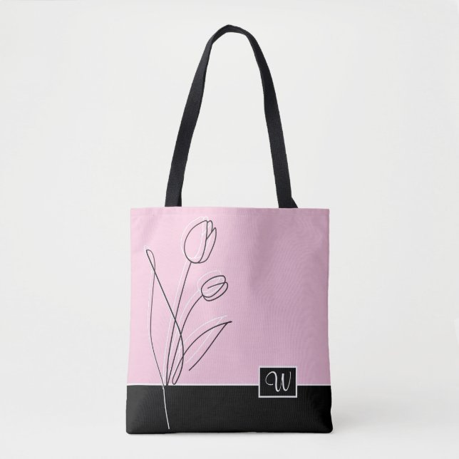 Elegant Abstrakt Blommigt Line Art Monogram Tygkasse (Framsida)