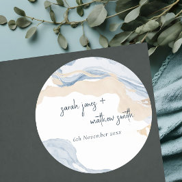 Elegant Abstrakt Blue Beige Coastal Beach Wedding Runt Klistermärke
