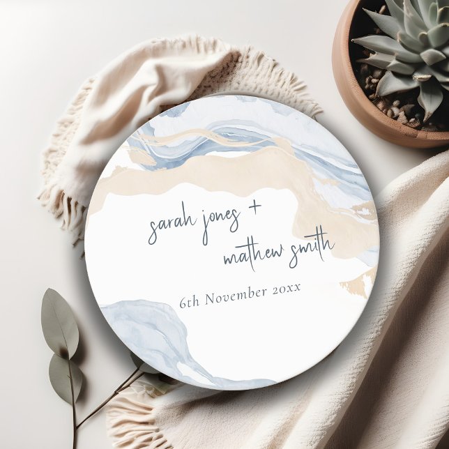 Elegant Abstrakt Blue Beige Coastal Beach Wedding Underlägg Papper Rund (Skapare uppladdad)