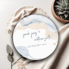 Elegant Abstrakt Blue Beige Coastal Beach Wedding Underlägg Papper Rund