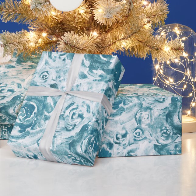 Elegant Abstrakt Blue Blommigt Watercolor Ro Presentpapper (Helgdagar)
