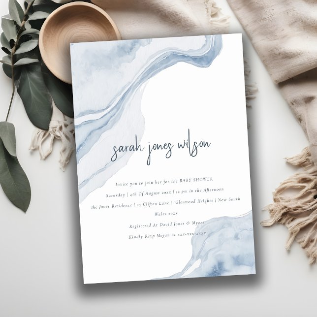 Elegant Abstrakt Blue Coastal Beach Baby Shower Inbjudningar (Skapare uppladdad)