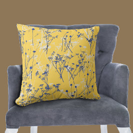 Elegant Abstrakt Blue Wildblommor Mustard Gult Kudde