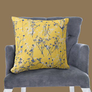 Elegant Abstrakt Blue Wildblommor Mustard Gult Kudde