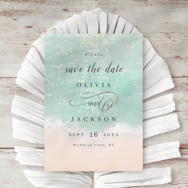 Elegant abstrakt gnistrande havsstrand spara datumet (Elegant abstract sparkling ocean beach save the date)