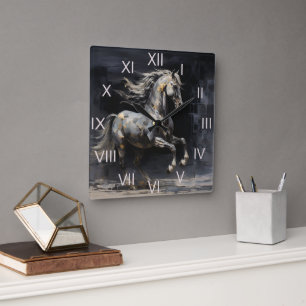 Elegant Abstrakt Grått med Guld Baroque Horse Fyrkantig Klocka