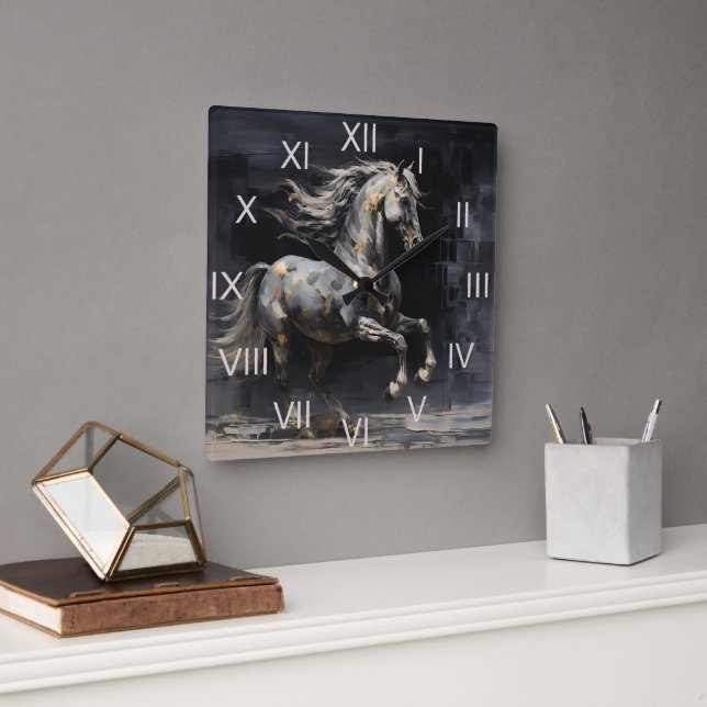 Elegant Abstrakt Grått med Guld Baroque Horse Fyrkantig Klocka (Kontor)