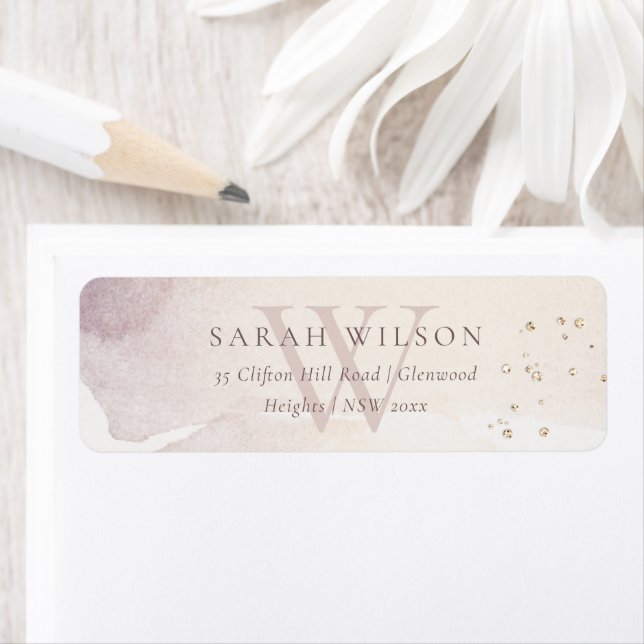 Elegant Abstrakt Guld Lila Monogram Adress Returadress Etikett (Insitu)