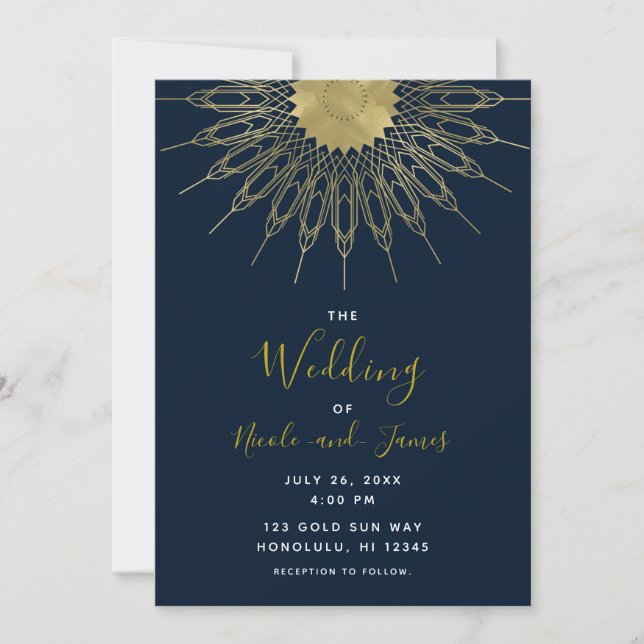 Elegant Abstrakt Guld Sol Mandala Blå Bröllop Inbjudningar (Framsida)