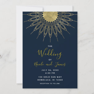 Elegant Abstrakt Guld Sol Mandala Blå Bröllop Inbjudningar