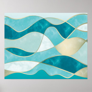 Elegant Abstrakt Guld Vågar & Teal Marble Grunge   Poster