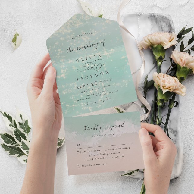Elegant abstrakt mousserande havsstrandbröllop (Elegant abstract sparkling ocean beach wedding all in one invitation)