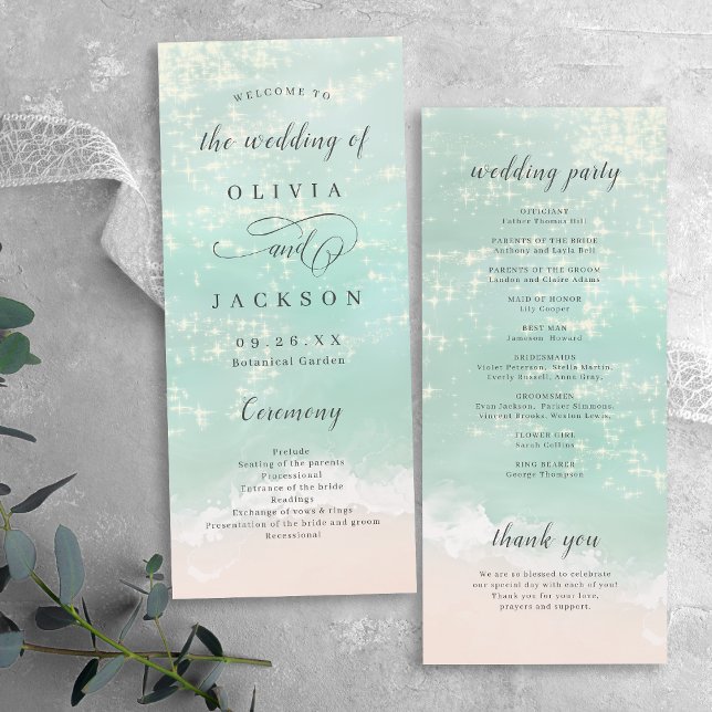 Elegant abstrakt mousserande havsstrandbröllop program (Elegant abstract sparkling ocean beach wedding program)