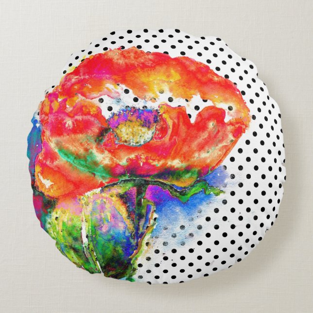 Elegant abstrakt röd blommigt, vattenfärgspolpunkt rund kudde (Framsidan)