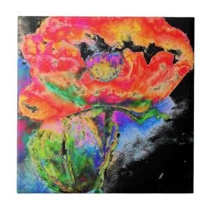 Elegant abstrakt röd blommigt, vattenfärgsvart  kakelplatta