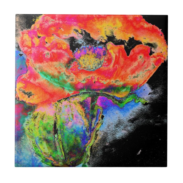 Elegant abstrakt röd blommigt, vattenfärgsvart  kakelplatta (Framsidan)