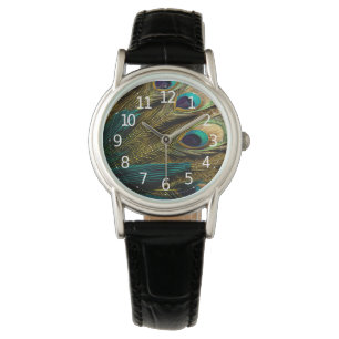 Elegant Abstrakt Teal Blue Guld Peacock Feathers Armbandsur