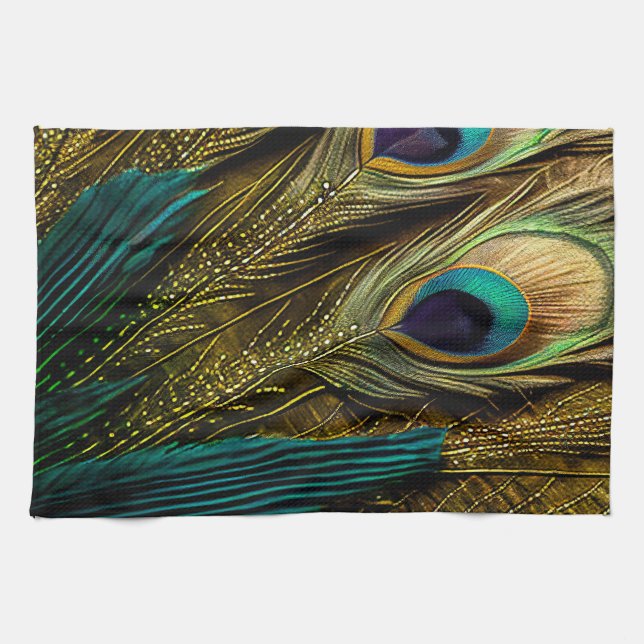 Elegant Abstrakt Teal Blue Guld Peacock Feathers | Kökshandduk (Horisontell)