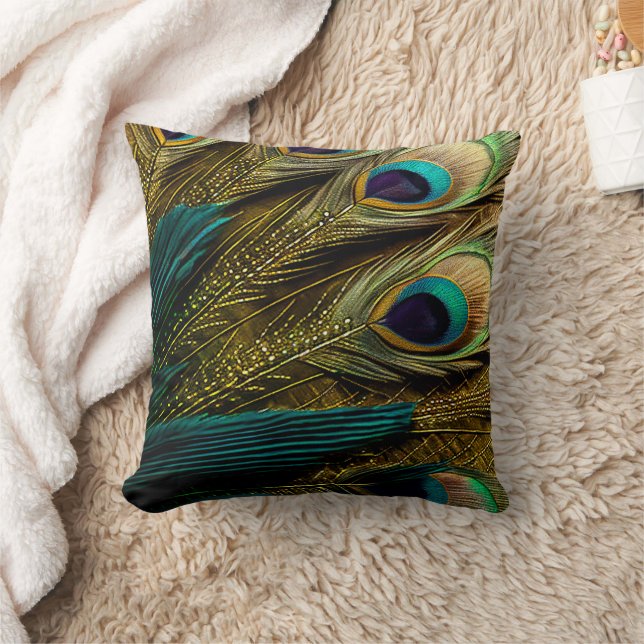 Elegant Abstrakt Teal Blue Guld Peacock Feathers | Kudde (Filt)