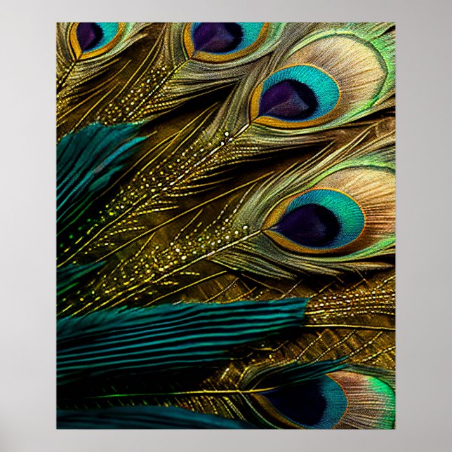 Elegant Abstrakt Teal Blue Guld Peacock Feathers | Poster (Framsidan)