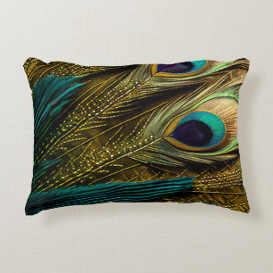 Elegant Abstrakt Teal Blue Guld Peacock Feathers   Prydnadskudde