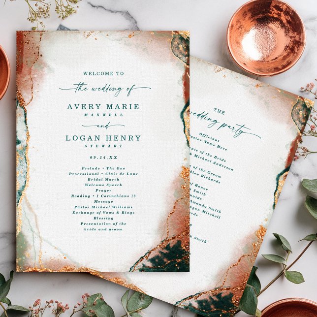 Elegant Abstrakt Teal & Copper Bröllop Ceremony Program (Modern teal and copper wedding ceremony program with abstract design.)