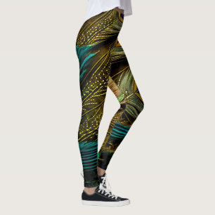 Elegant Abstrakt Turkos Blå Guld Påfågel Fjädrar   Leggings