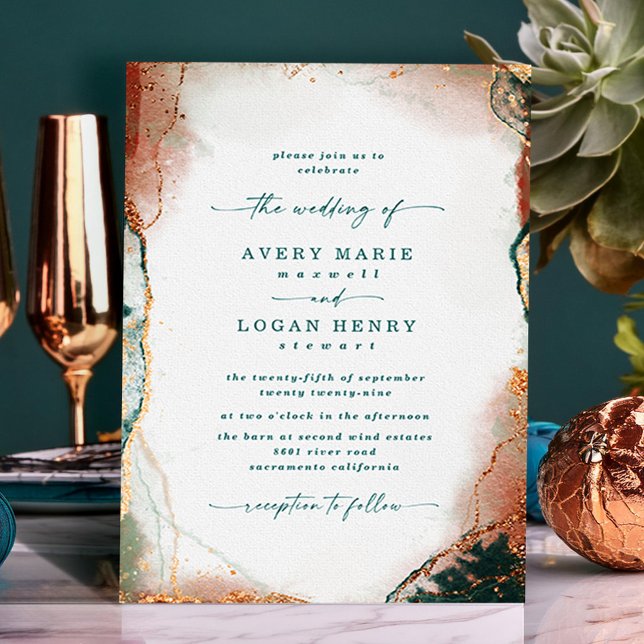 Elegant Abstrakt Watercolor Teal & Copper Bröllop Inbjudningar (Teal and Copper Abstract Wedding Invitations)