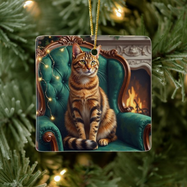 Elegant Abyssinian Cat Regal Holiday Portrait Art Julgransprydnad Keramik (Träd)